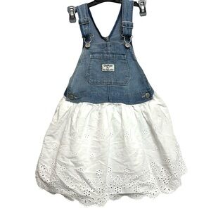 Osh Kosh Denim Overall Jumper Dress White Eyelet Skirt Size 4T
